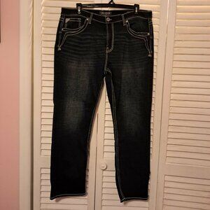 SALVAGE BUCKLE ANARCHY STRAIGHT RELAXED FIT DUNGAREES JEANS DARK WASH 40